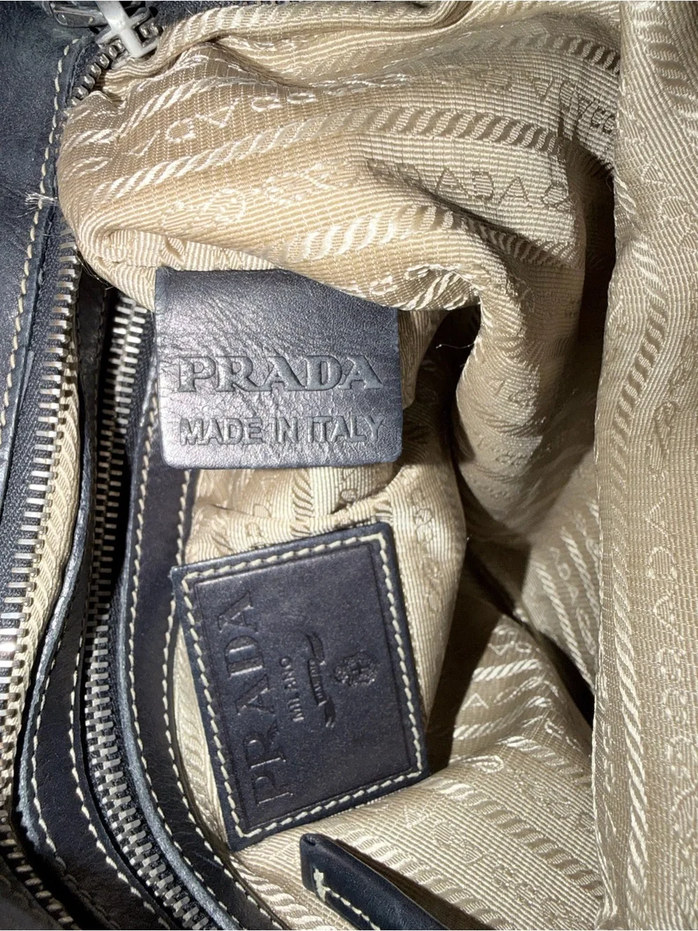 Prada Beige Canvas Messenger Bag with Black Trim